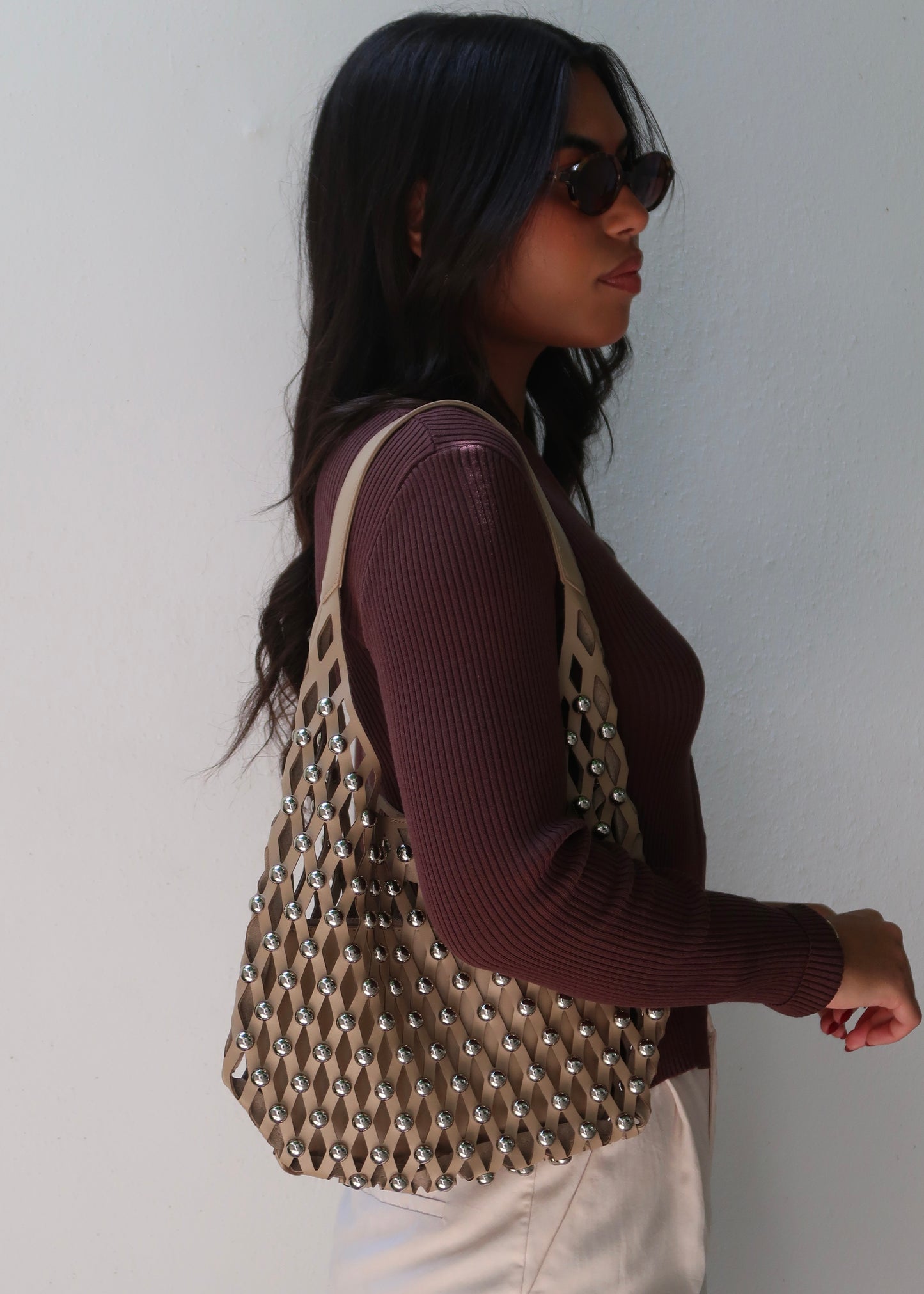 Stud Leather Bag - Beige