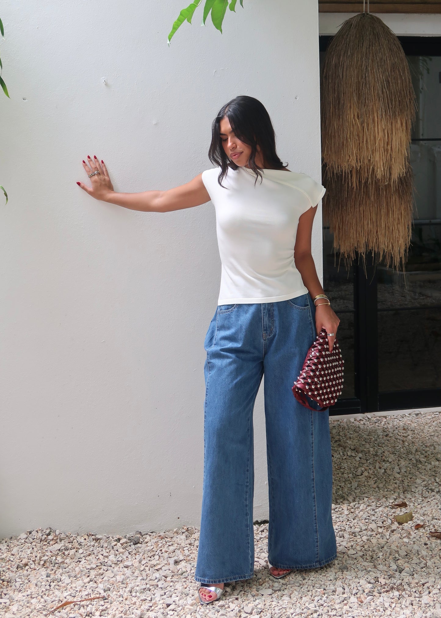 Stud Leather Bag - Wine