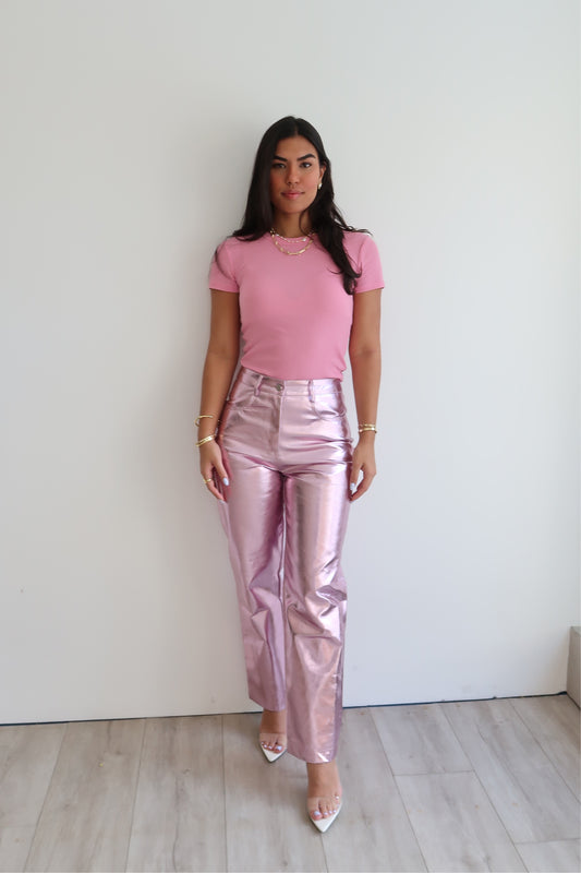 baby pink metallic pants