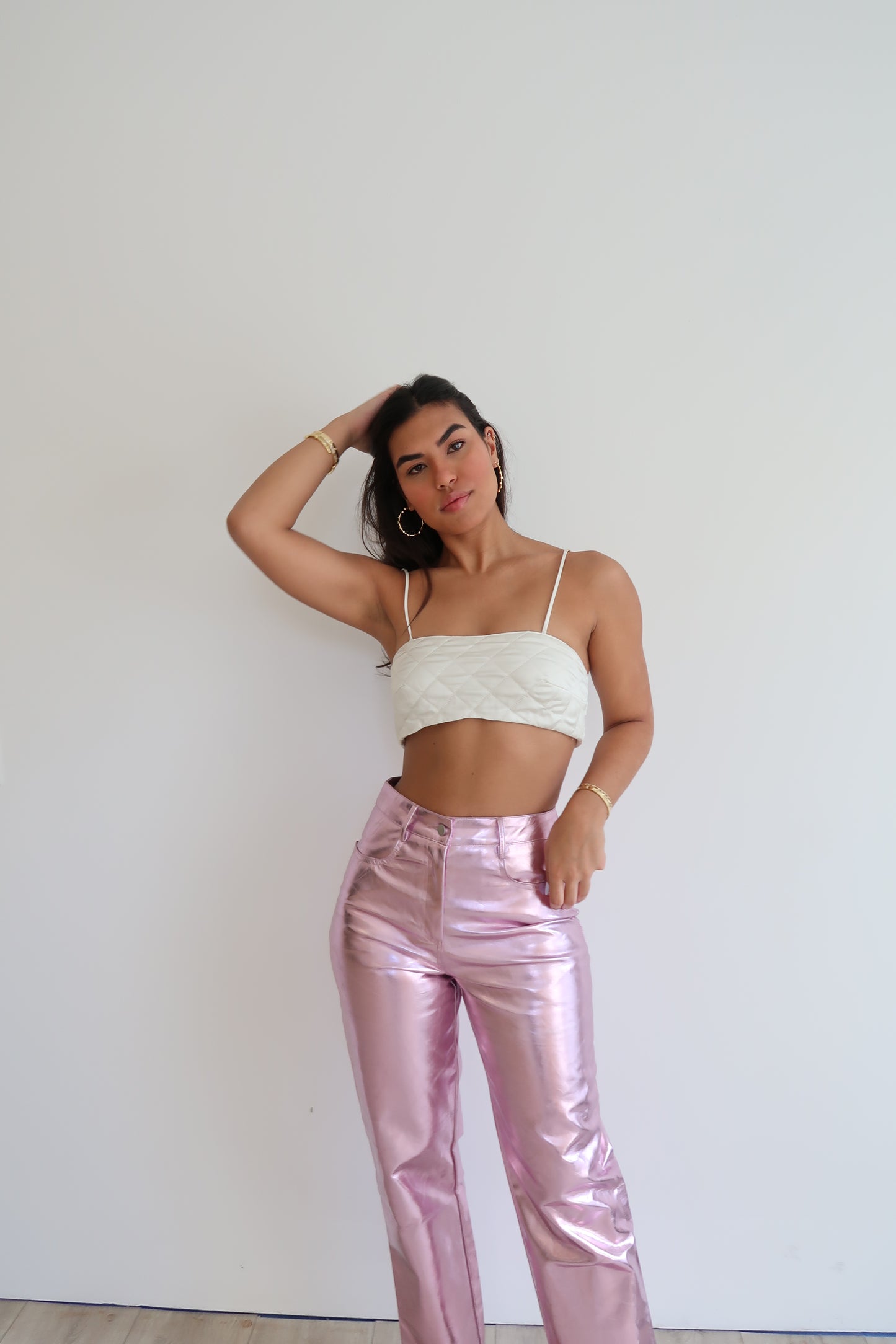baby pink metallic pants