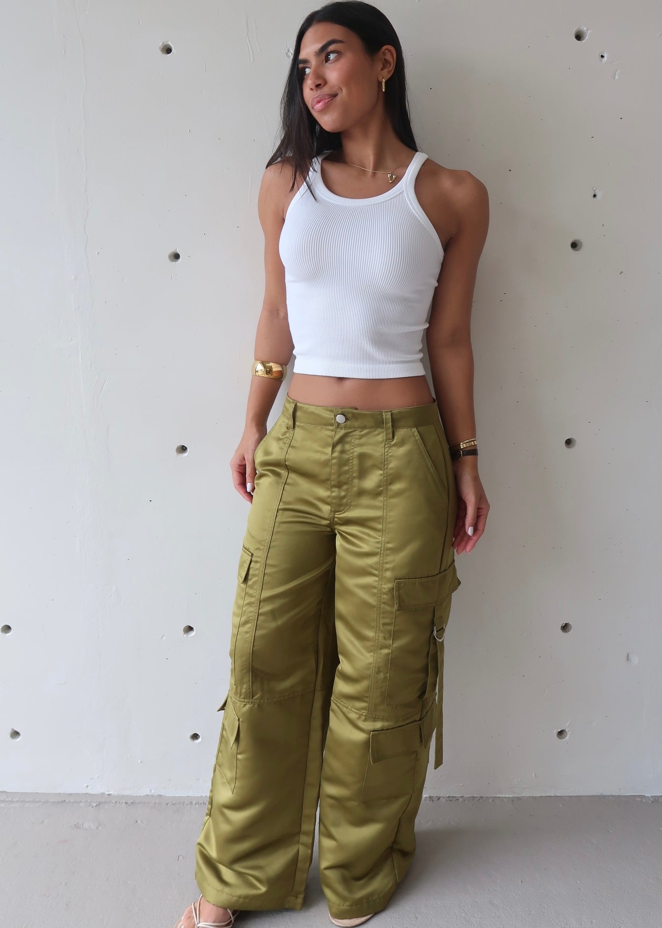 Green Satin Cargo Pants