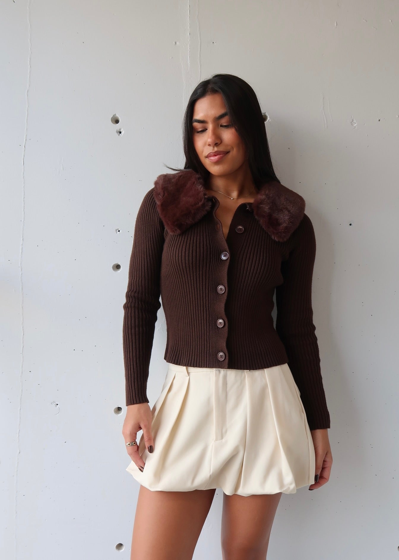 Mocha Fur Collar Cardigan