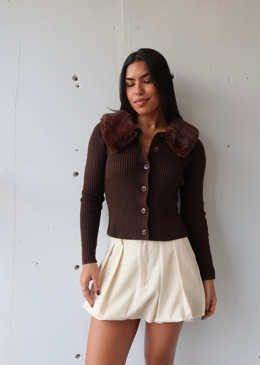 Mocha Fur Collar Cardigan