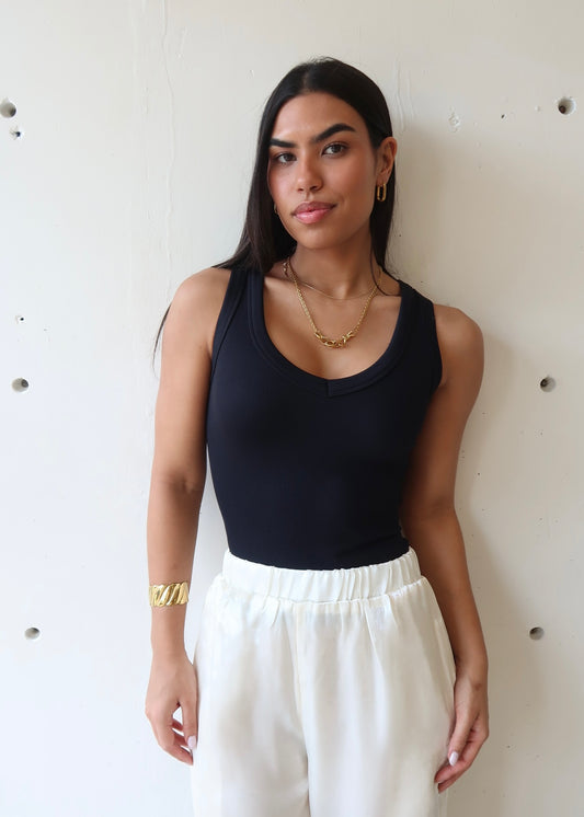Anne V Neck Basic Top Black
