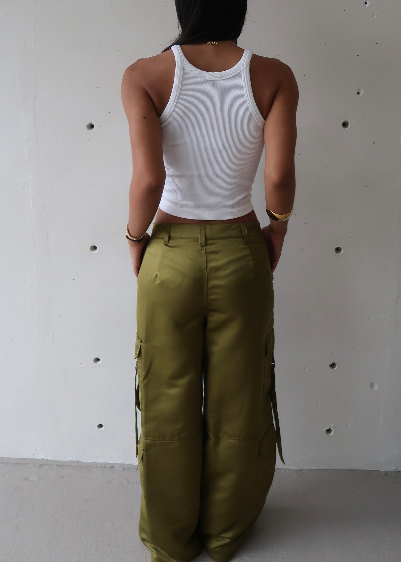 Green Satin Cargo Pants