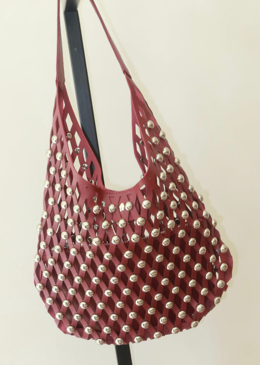Stud Leather Bag - Wine