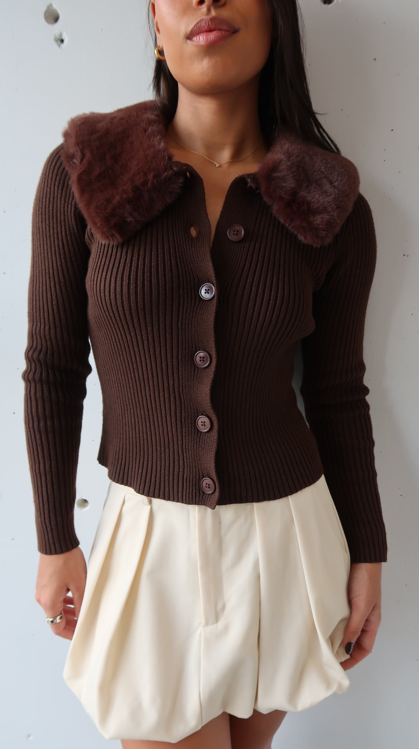 Mocha Fur Collar Cardigan
