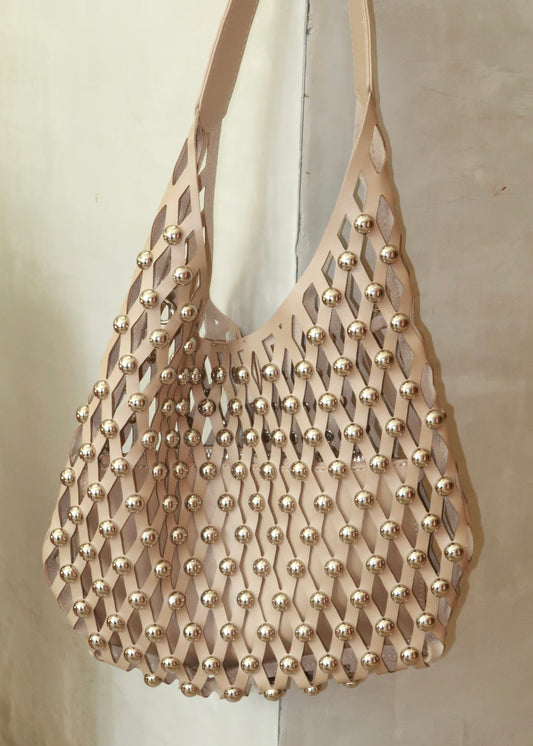 Stud Leather Bag - Beige