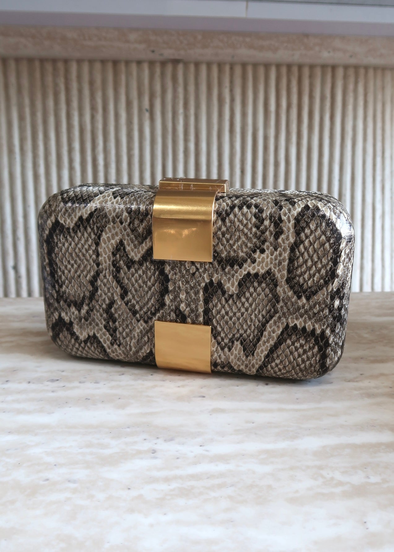 Thais Snake Print Clutch - Beige