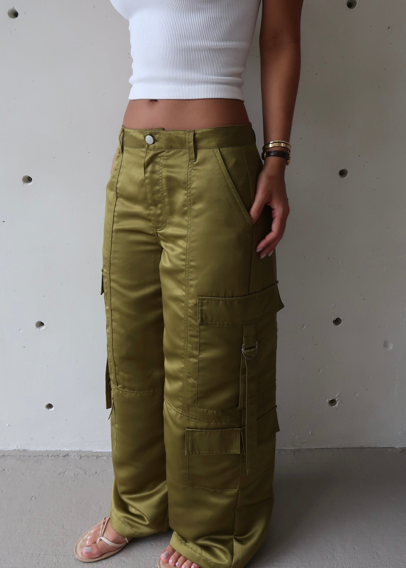 Green Satin Cargo Pants